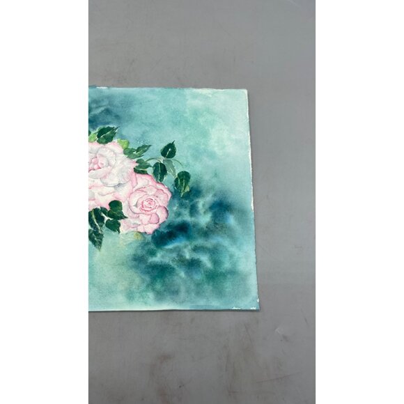 Hand-Painted Watercolor Floral Art On Paper green pink 15x11" READ - Picture 2 of 4